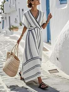 SHEIN Holidaya Summer New Arrival: V-Neck Chic Dress – Short-Sleeved, Contrast Wide-Narrow Striped, Relaxed Long Silhouette. This French Retro Piece Blends Vacation Charm With Office Elegance, Boasting A Slim-Flattering A-Line Cut - Multicolor - View 1