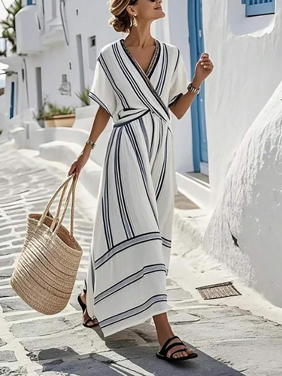 SHEIN Holidaya Summer New Arrival: V-Neck Chic Dress – Short-Sleeved, Contrast Wide-Narrow Striped, Relaxed Long Silhouette. This French Retro Piece Blends Vacation Charm With Office Elegance, Boasting A Slim-Flattering A-Line Cut - Multicolor - View 1