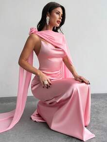 Firerie Elegant, Exquisite, Romantic, Sexy, Luxurious Party, Holiday, Ball, Valentine's Day, Date, Wedding, Guest, Birthday, Vacation Floral Mesh Shawl, Plunging Neckline, Open Back, Criss-Cross Strap, Satin, Mermaid Maxi Dress, Blush Pink - Dusty Pink - View 7