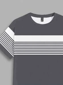 Manfinity Homme 简约灰白条纹撞色印花休闲修身短袖男士T恤 - 灰色 - 查看 3