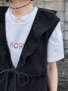 FRIFUL Women's Waist Tie Patchwork Ruffle Hem Denim Vest Jacket - Grey - View 6