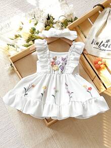 SHEIN Vintaside Kids Bộ 2 váy cho bé gái sơ sinh màu hồng họa tiết dâu tây kẻ caro kèm băng đô nơ xinh xắn, 0-3 tháng tuổi, mềm mại, co giãn, thân thiện với da, viền bèo nhún, thích hợp cho dã ngoại, kỳ nghỉ, chụp ảnh, hàng mới về mùa xuân/hè. - trắng - Xem 3