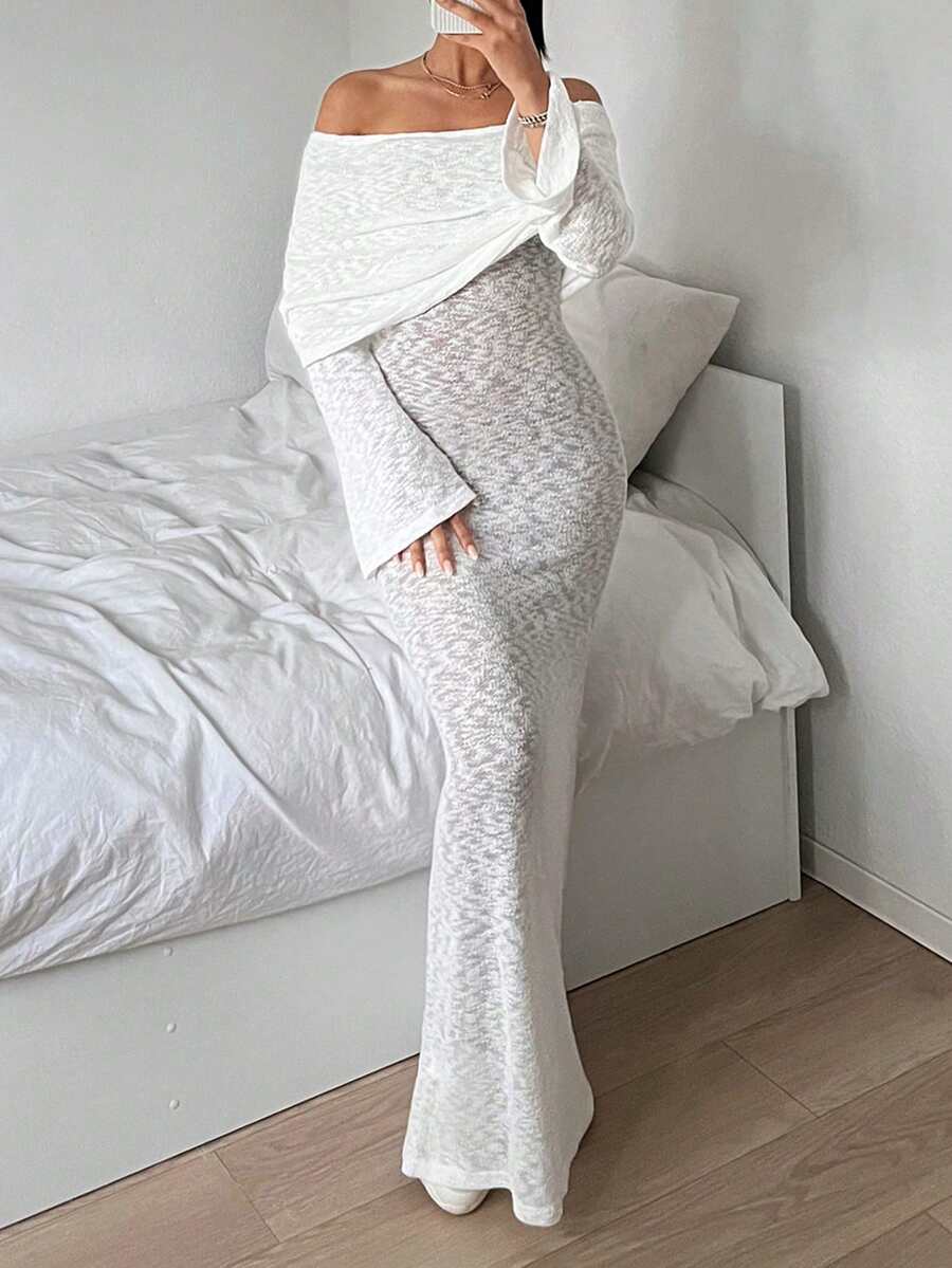 SHEIN EZwear 女式超长透明针织连衣裙 - 白色 - 查看 1