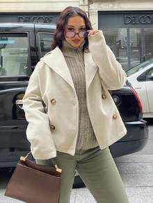 NegzBox Apricot Double-Sided Notched Collar, Double-Breasted Button, Pocket Long Sleeve Short Coat, Fashionable For Commuting, Office, Casual, Elegant Retro Style, Suitable For Autumn/Winter - Apricot - View 1
