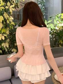 DAZY Women's Casual Knotted Crew Neck Fitted Short Sleeve Knit Top, Summer - Pink - View 6