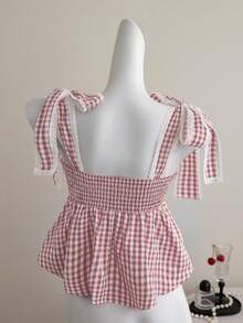 Elamini 女士甜美可爱乡村度假格子印花蕾丝边系带露肩娃娃衫，夏季 - 粉色 - 查看 2