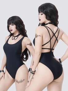 ROMWE Bộ đồ bơi liền thân 2026SS Dark Gothic Bizarre Punk Sexy Mysterious dành cho nữ, thiết kế thời trang tiên phong độc đáo với họa tiết ngôi sao năm cánh, dây đeo vai hở lưng, màu đen, ôm sát, hàng mới về mùa xuân/hè 2026 dành cho nữ, thích hợp cho năm mới, ngày Valentine, mùa tựu trường, mùa du lịch, đi nghỉ mát, đi biển, dã ngoại trà chiều, tiệc tùng, mặc hàng ngày, thường ngày, thể thao ngoài trời, trang phục thời trang. - màu đen - Xem 12