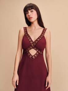 lacRébo Burgundy Fitted Midi Dress With Lace Trim V Neckline Front Cut Out Detail Sleeveless Design And Elegant Silhouette Romantic Evening Dress French Style Parisian Style Vacation Outfit Valentines Day - Purple - View 3