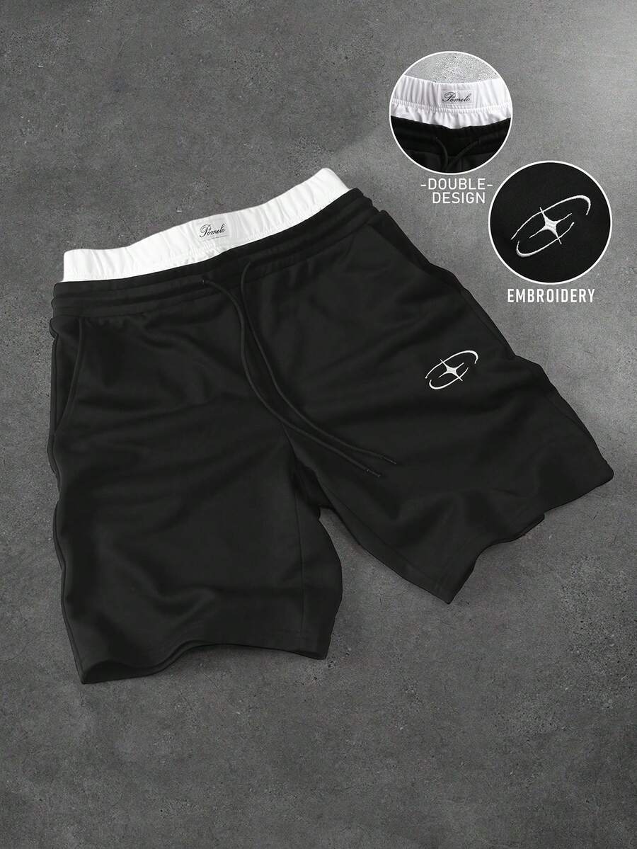 PAVTROS Men's Embroidered Design Dual-Layer Waistband Pocket Loose Casual Shorts - Black - View 1