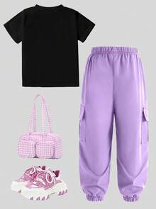 两件套女团明星偶像印花短袖上衣和运动裤套装，休闲时尚，适合春、夏、秋、冬四季穿着。 - 彩色 - 查看 4