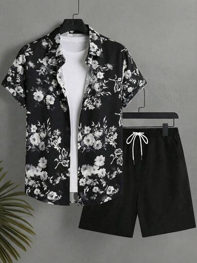 Manfinity Swimmode 男士印花短袖衬衫和短裤沙滩套装