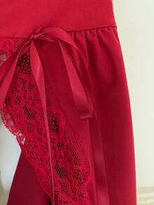 Vibekara Spring, Summer, Fall Elegant Lace Trim V-Neck Long Sleeve T-Shirt, Sexy Knit Fabric Patchwork Blouse - Red - View 6