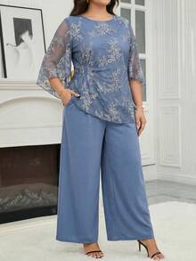 Reflora Bộ đồ 2 món cỡ lớn gồm áo và quần dài màu trơn thêu họa tiết, kiểu dáng thanh lịch. - Màu xanh lam - Xem 4