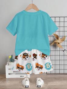 2 Stücke WELPEN Kinder Grafik Lässig Rundhals Kurzarm T-Shirt und Shorts Set, geeignet für den Sommer - Verschiedenfarbig - Übersicht 3