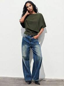 Maija Women's Solid Color Batwing Sleeve Loose Casual Knit Top, Summer Outfits, Summer Clothes , Summer Modern City Outfits, Summer Tops, Valentine Outfits For Women , Carnival Costume, Beach Outfits For Women, Birthday, Going Out Top, Going Out Tops, Elegant Women's Blouses, Modern City, Vacation Outfits For Women, Grey Top, Asymmetrical Design, With Belt - Army Green - View 7