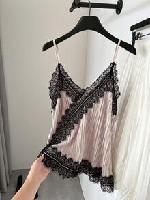 Serisse Women's Contrast Lace Loose Camisole,Summer Tops  , Spring Outfit Women  , Valentine's Day ,Carnival, Beach,Vacation, Casual,Party,Wedding , Elegant - Apricot - View 6