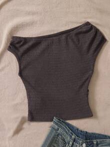 SHEIN Top de punto asimétrica de hombro en color marrón sólido y texturizado para niña preadolescente de moda informal - Marrón - Ver 2