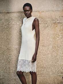 Lumivelle Sleeveless Round Neck Loose Lace Patchwork Sweater Dress Creme Dress Lace-Trimmed Hem - Beige - View 7