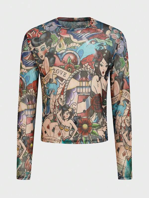 EASEVO 加大码男士复古涂鸦印花紧身长袖T恤