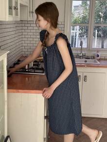 DAZY Teen Girls' Comfortable Plaid Print Bow Decor Nightgown For Everyday Wear Spring - Navy Blue - View 6