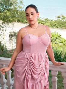 SHEIN MOD Plus-Size Women's Spring/Summer Pink Shimmering Fabric Maxi Dress, Autumn Wedding Guest Dress, Homecoming Dress, Brunch Wear, Renaissance Market Dress, Dress, Dress, Bridgeton Style Dress, New Year's/Valentine's Day Dress.Spring/Summer Holiday Party Outfits & New Year Outfits Pink Dress Prom Dress Pink Party Dress Elegant Dress High Low Dress - Pink - View 8