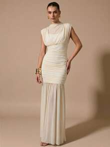 SHEIN BAE 黑色披肩式优雅薄纱褶皱连衣裙，适合浪漫约会、派对、正式聚会、伴娘礼服、女士夏季连衣裙、下午茶会连衣裙、新年、情人节、生日迷你连衣裙、黑色长裙 - 杏色 - 查看 6