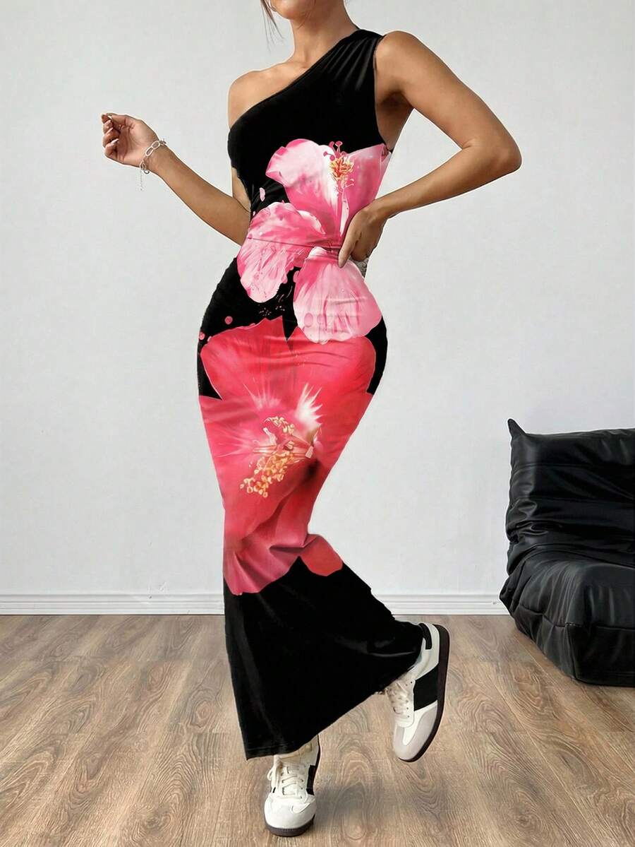 SHEIN EZwear Falda larga asimétrica con pliegues y estampado floral todo sobre fondo liso, estilo casual minimalista, apta para primavera/verano - Multicolor - Ver 1