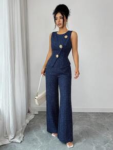 Elenzga 2pcs/Set Crew Neck Metal Button Sleeveless Waist Cinched Asymmetric Hem Blouse Top & Straight Leg Jeans Texture Fabric Navy Blue Autumn Elegant Office - Blue - View 3