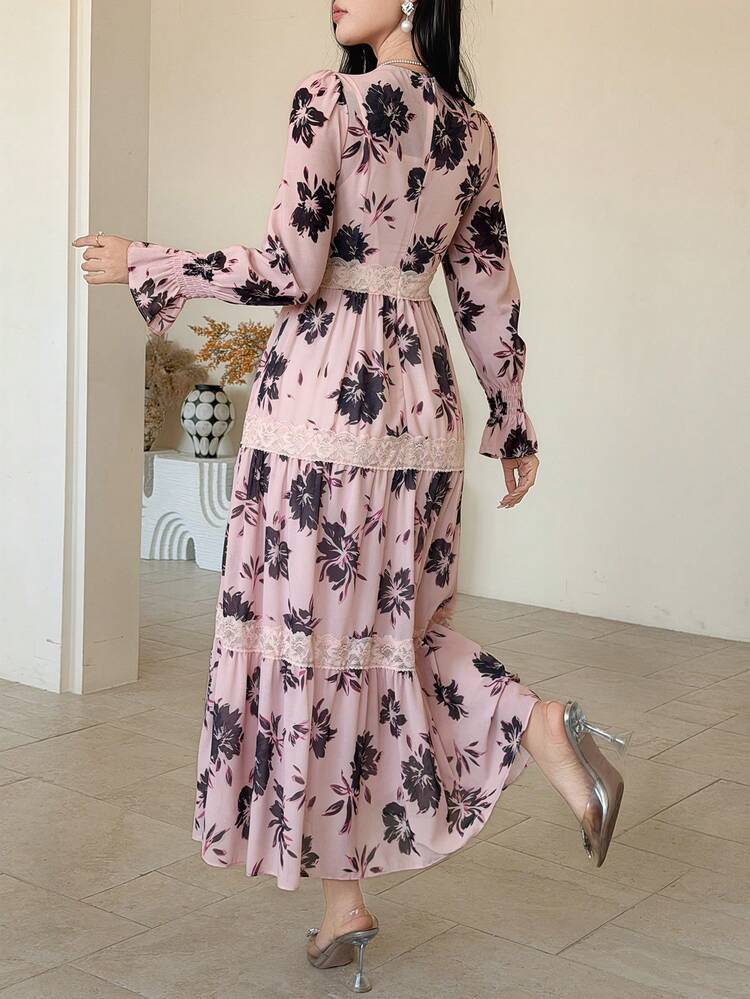 Elegant French Floral Print Long Dress For Women Sundress Boho