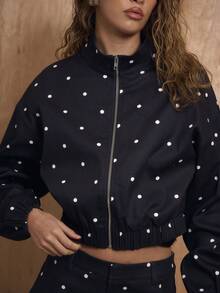 MUSERA Chaqueta con cuello de embudo y cremallera media con estampado de lunares, solo parte superior del conjunto, invierno, Año Nuevo, lindo, sexy, para salir, acentuado, Día de San Valentín, , verano, vacaciones - Multicolor - Ver 2