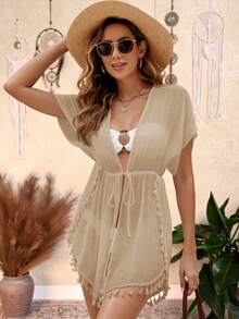 Swim Lushoire Tassel Trim Tie Front Sheer Kimono For Summer - Khaki - View 8