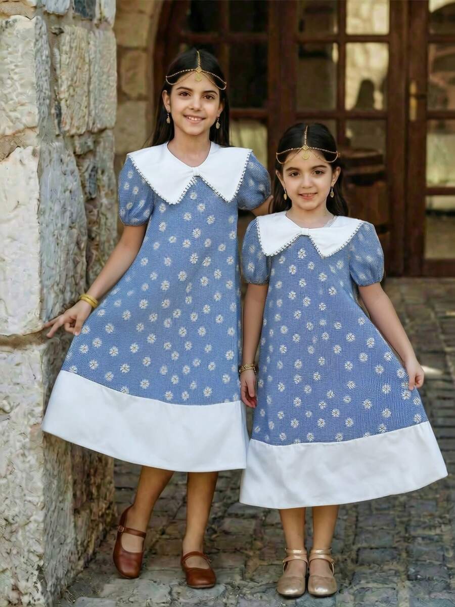 SHEIN Tween Girl Plaid Daisy Pattern Puff Sleeve Cute Dress - Blue - View 1