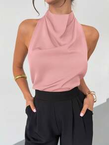 Firerie 全新春夏经典优雅通勤复古现代不对称领无袖露背蝴蝶结装饰修身黑色办公室衬衫 - 粉色 - 查看 3