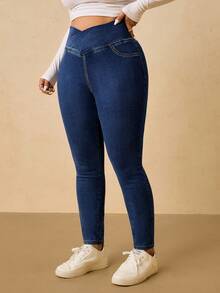 SHEIN Tall CURVE 大码女式不对称腰身修身休闲百搭牛仔裤 - 深色水洗藍 - 查看 5