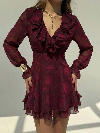 Aloruh Blommig jacquard-lapptäcke med volang, v-ringning och långärmad, trendig miniklänning för kvinnor