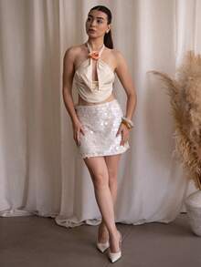 Andrea Bello 1 件女式纯色针织露背垂褶无袖上衣，狂欢上衣，适合外出、音乐会、派对、俱乐部、约会、夜间外出、度假、海滩、花园婚礼宾客，优雅女士上衣，约会、音乐会、派对、俱乐部、情人节、毕业典礼，适合秋冬季 - 杏色 - 查看 4