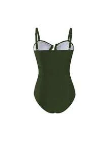 Swim Oasis 大码女士高端 Oasis 两件式黑色抹胸吊带镂空修身泳衣，搭配黑色网纱透视裙，夏季海滩度假 - 軍綠色 - 查看 5