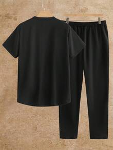 HIMLAND Men's Casual Everyday Commute Simple Versatile Letter Graphic Decor Short Sleeve T-Shirt And Drawstring Waist Long Pants Set, Spring/Summer/Autumn ,Men's Black Short Sleeve Tracksuit Set , Casual Summer Jogging Suit For Men ,Solid Color Crew Neck T-Shirt And Joggers ,Breathable Gym Workout Clothes Set ,Streetwear Style Lounge Set With Patch ,Soft Blend 2 Piece Outfit ,Travel Outfit Airport Style Men ,Men's 2 Piece Casual Tracksuit Men Summer Sweatsuit Mens Co-Ord Set Mens Jogger Set Men 2 Piece - Black - View 2