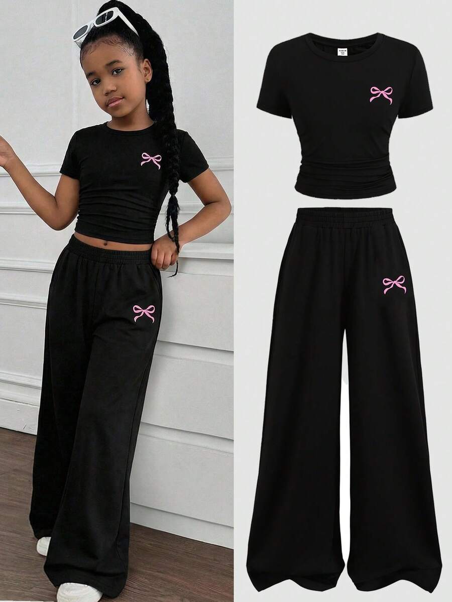 Girlism 少女两件套黑色针织圆领短袖褶皱腰部蝴蝶结印花露脐紧身T恤和宽松阔腿裤/运动裤休闲套装 - 黑色 - 查看 1