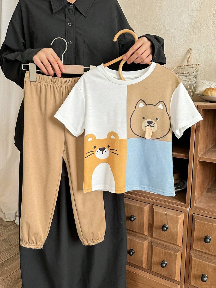 Pixure  2pcs/Set Young Boy Cute Animal Pattern Knit Crew Neck Casual T-Shirt And Pants Set - Multicolor - View 1