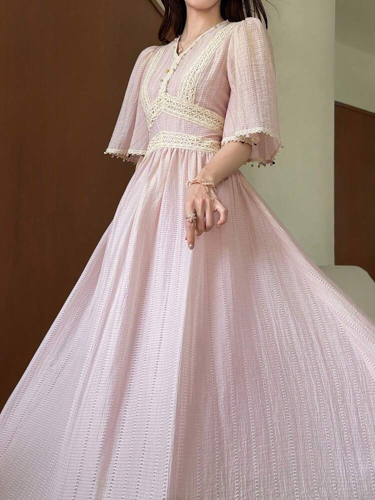 Spring/Summer Lace Patchwork Elegant Long Dress, Fashion Party/Wedding/Banquet Formal Gown, Slim Fit Commuter Dress Sundress