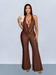 SOLERSUN Women's Jumpsuit, Sexy And Elegant, Suitable For Commuting, Simple Design, With A Ruffled Neck, Brown Knit Fabric, Spring/Summer Women's Wear, Beach Vacation, Date.