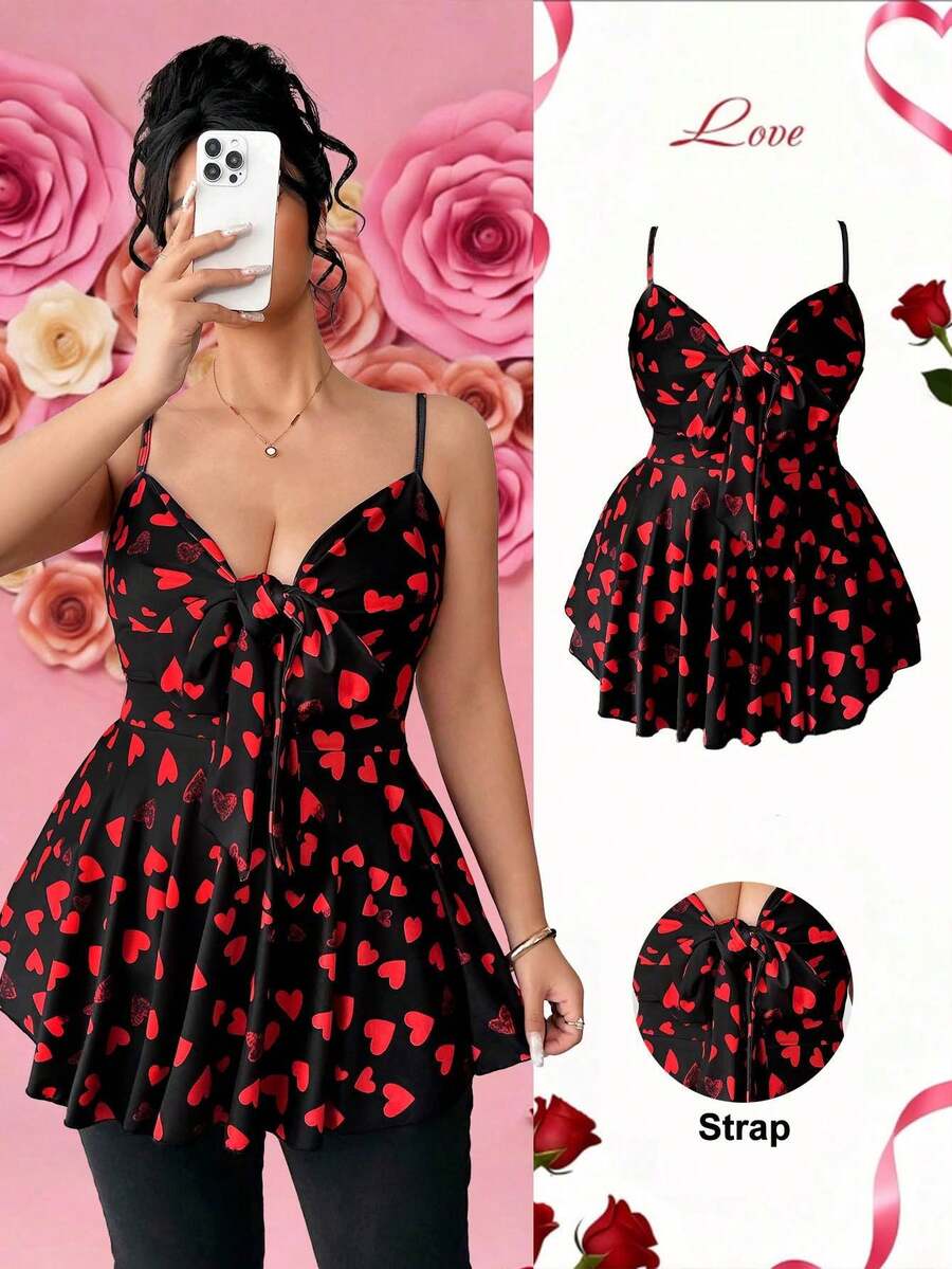 Elenzga 大码女式性感可爱爱心印花系带吊带背心，甜美海滩度假风红色爱心图案细肩带，度假V领系带吊带背心，适合情侣度假或派对，适合游泳、日光浴或海滩漫步，樱桃生日性感夏季上衣 - 黑色 - 查看 1