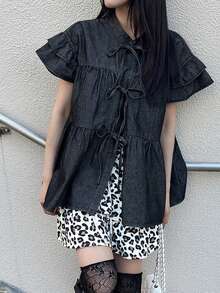 FRIFUL Women's Ruffle Sleeve Tie Front Denim Blouse - Dark Grey - View 1