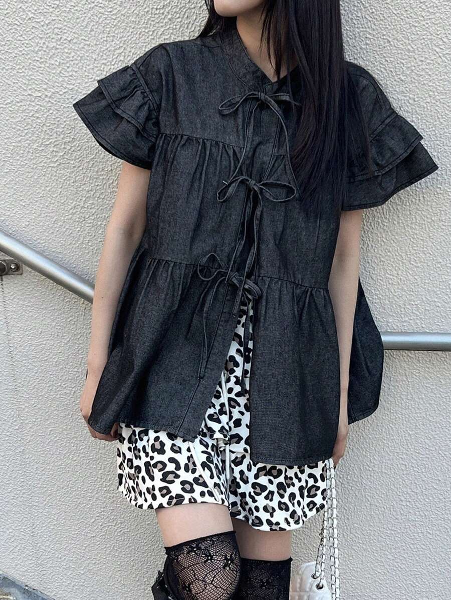 FRIFUL Women's Ruffle Sleeve Tie Front Denim Blouse - Dark Grey - View 1