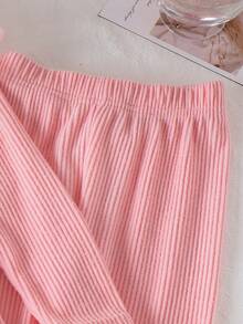 Elladie kids 2 Stück/Set Mädchen (klein) Geripptes Langarm V-Ausschnitt T-Shirt mit 3D Perlenblume & Hose Set, elegante Mode für den frühen Herbst Kinderoutfit - Pink - Übersicht 6