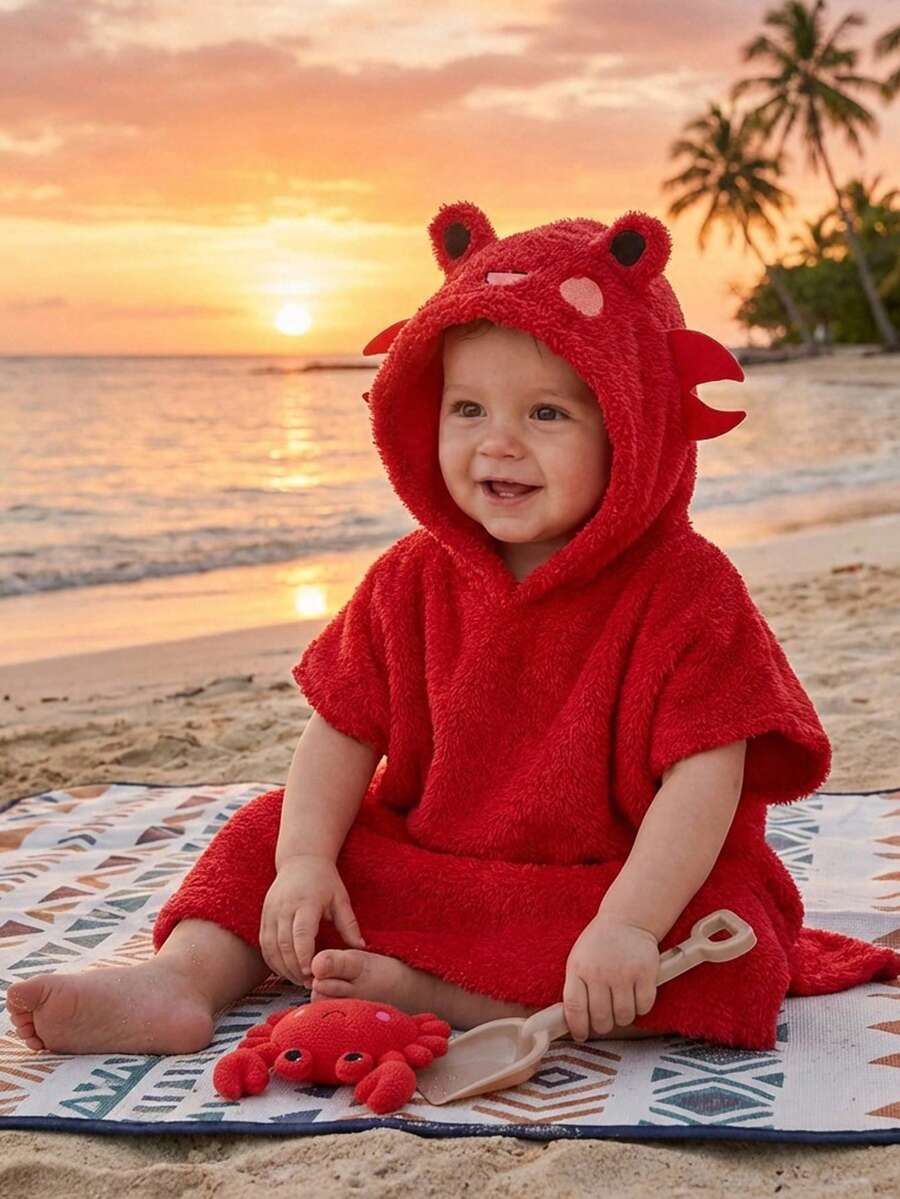 Bubblio 男/女婴可爱橙色毛绒螃蟹连帽泳衣罩衫，休闲度假多功能泳装，适合海滩、冲浪、水疗、游泳、居家浴袍，春夏款 - 橘色 - 查看 1