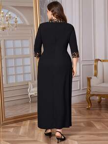 SHEIN Clasi 大码女式豹纹拼接七分袖扭腰优雅中长连衣裙 - 黑色 - 查看 3