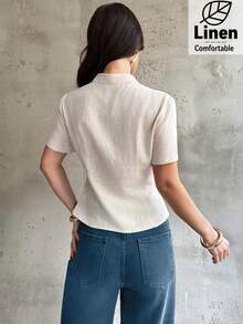 Firerie 女士优雅简约日常休闲通勤度假沙滩衬衫，竹纤维纹理小立领短袖修身衬衫，春夏女士衬衫，女士夏季服装，女士夏季上衣 - 杏色 - 查看 4