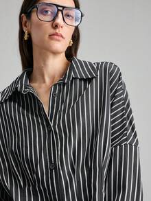 Ontre Women's Black And White Checkered Autumn Chic Office Long Sleeve Woven Shirt,Mandarin Collar Button Pleated Waist-Cinched Striped Minimalist Blouse - Black - View 5